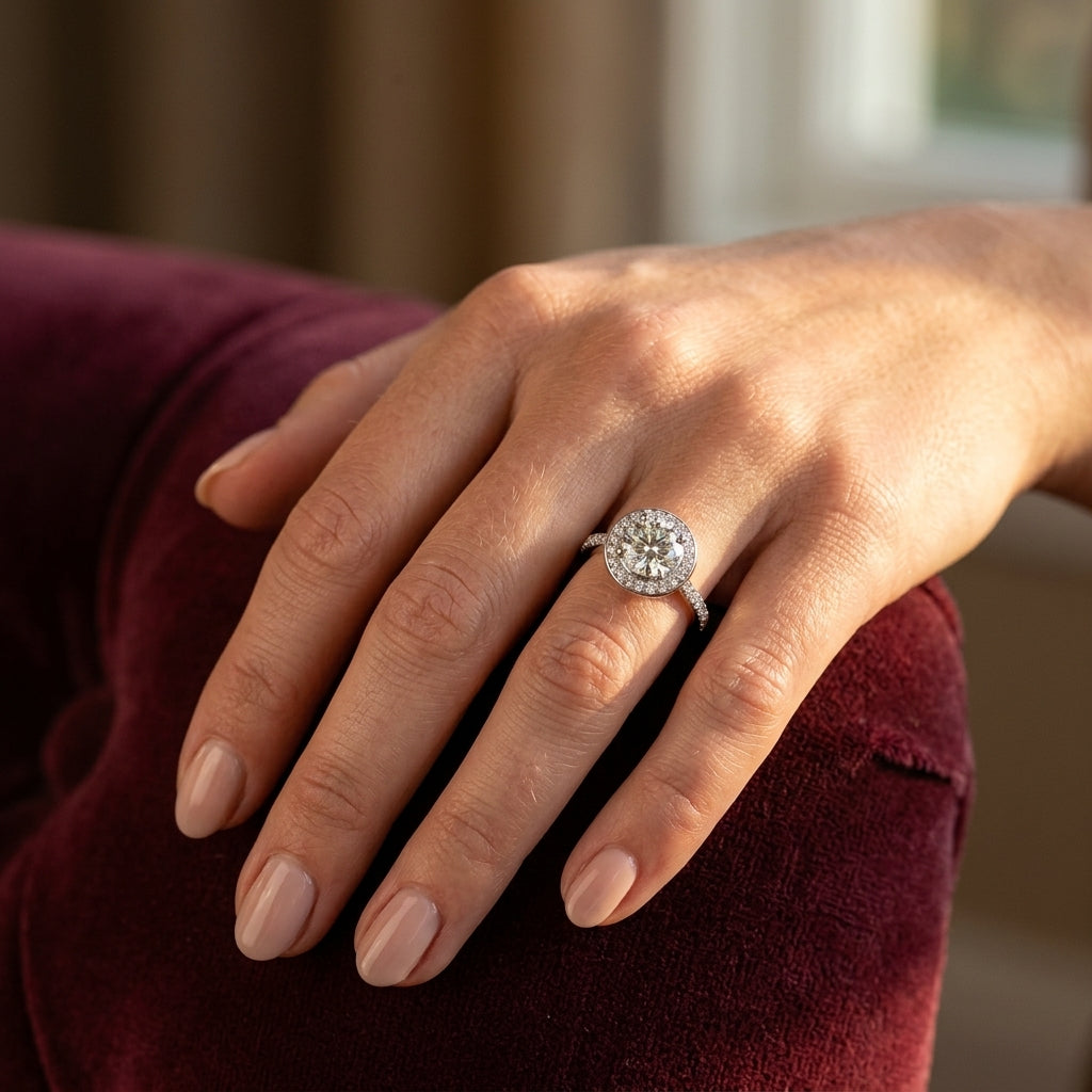 ENGAGEMENT RINGS HALO ROUND - worn lifestyle photo