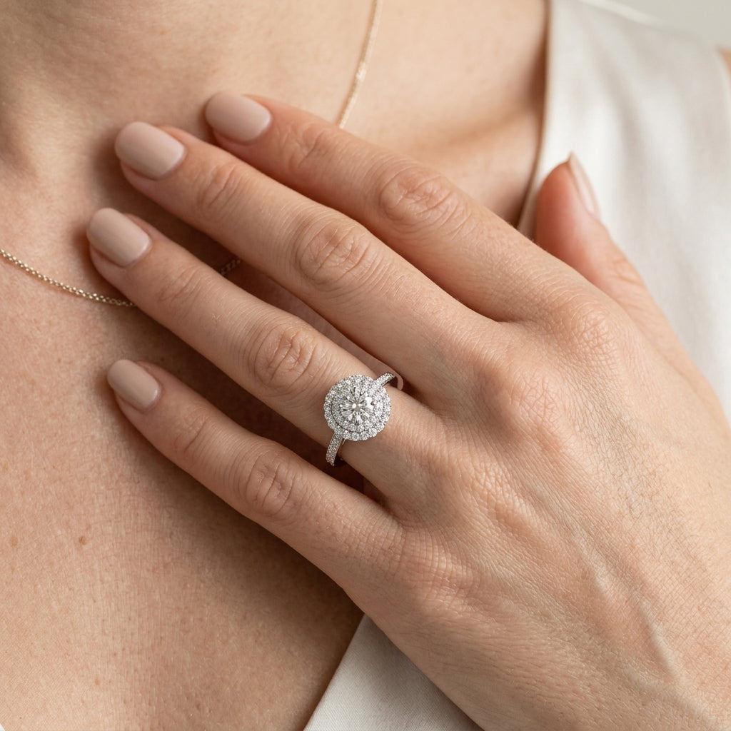 ENGAGEMENT RINGS HALO ROUND - worn lifestyle photo