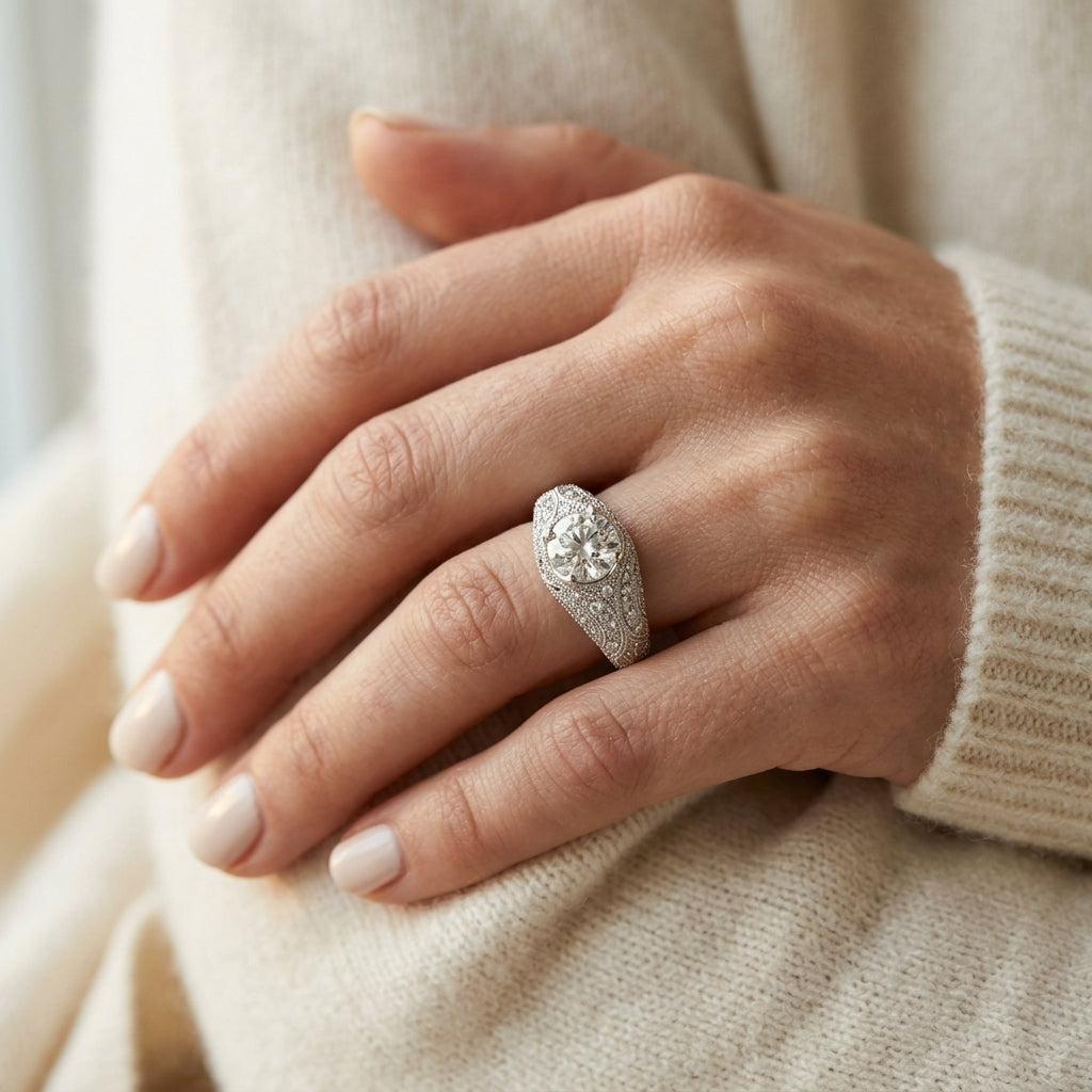 Antique Style Milgrain Engagement Rings - worn lifestyle photo
