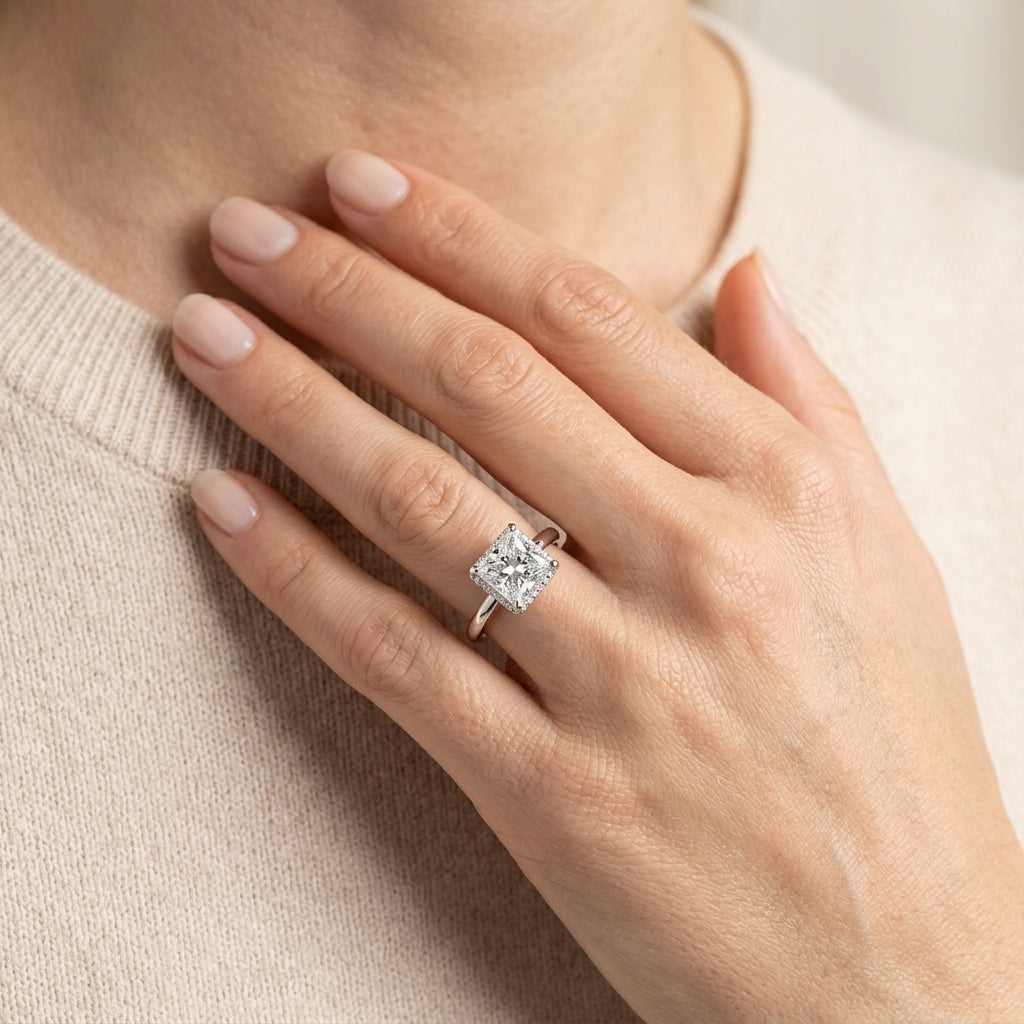 Double Hidden Halo Princess Cut Engagement Ring - worn lifestyle photo