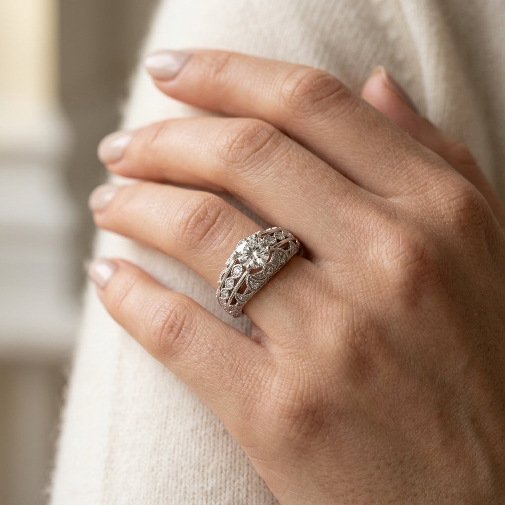 Round Vintage Lab Grown Diamond Engagement Ring - Style 84517 - worn lifestyle photo