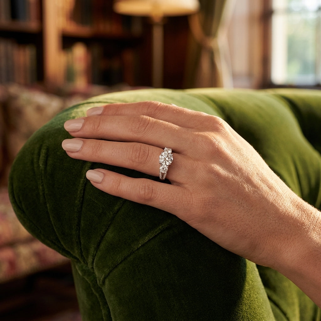 ENGAGEMENT RINGS 3 STONE ROUND - worn lifestyle photo
