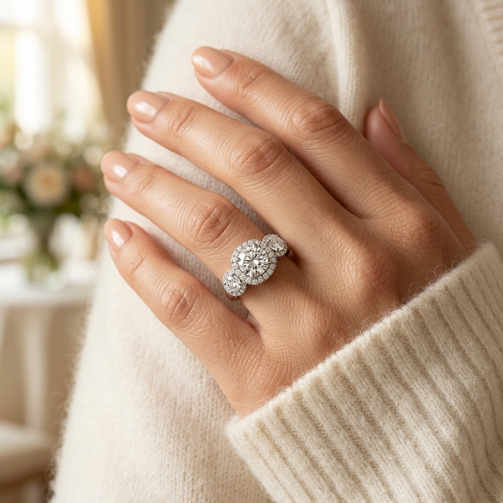 ENGAGEMENT RINGS 3 STONE ROUND - worn lifestyle photo
