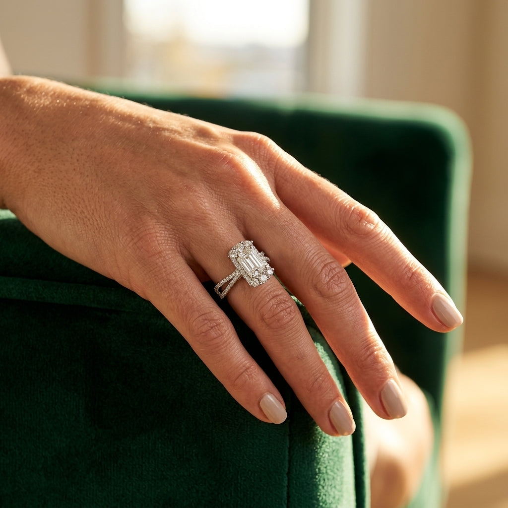 EMERALD CUT ENGAGEMENT - worn lifestyle photo