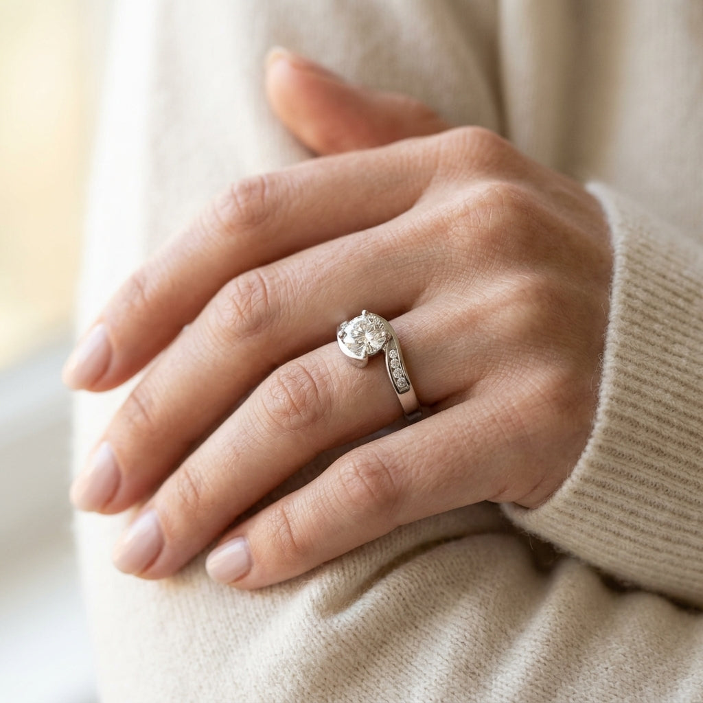 Round Bypass Lab Grown Diamond Engagement Ring - Style 50344 - worn lifestyle photo