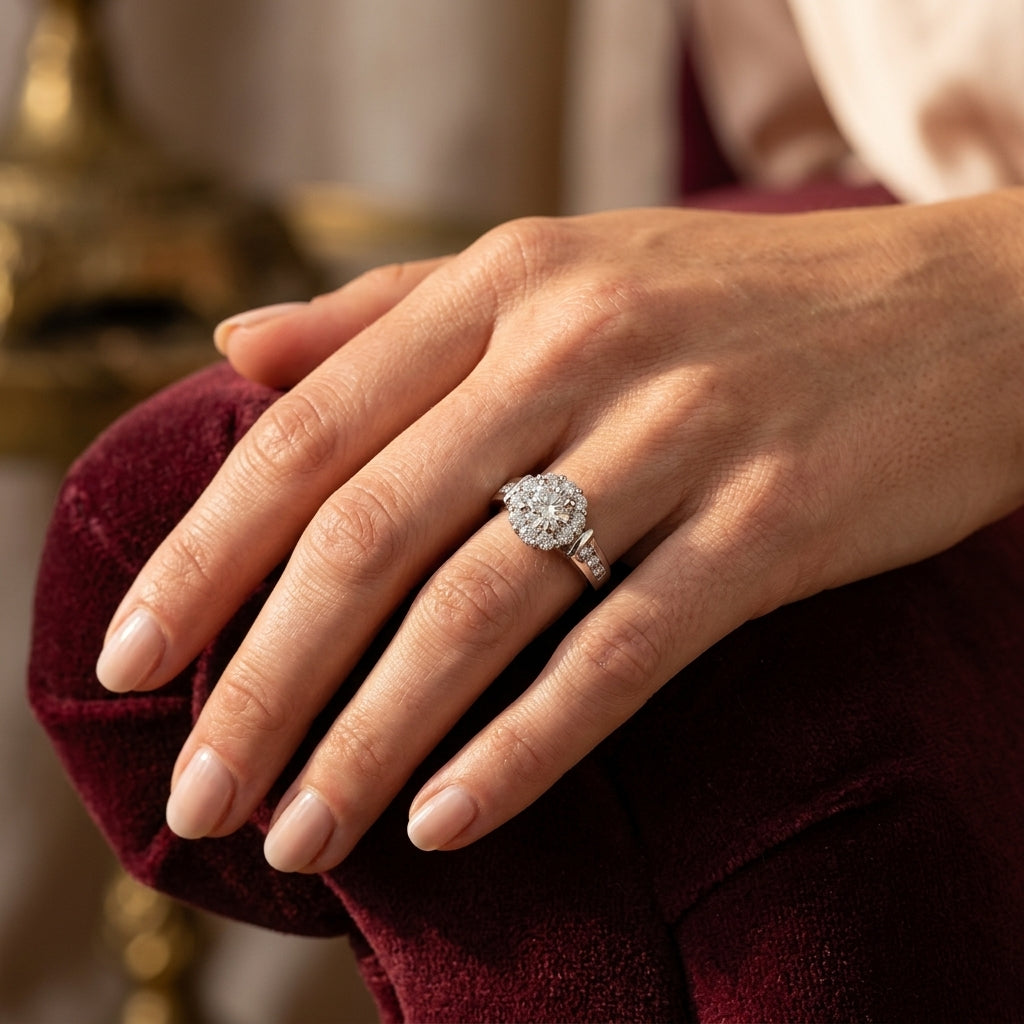 ENGAGEMENT RINGS HALO ROUND - worn lifestyle photo