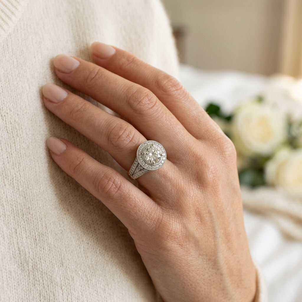 ENGAGEMENT RINGS HALO ROUND - worn lifestyle photo