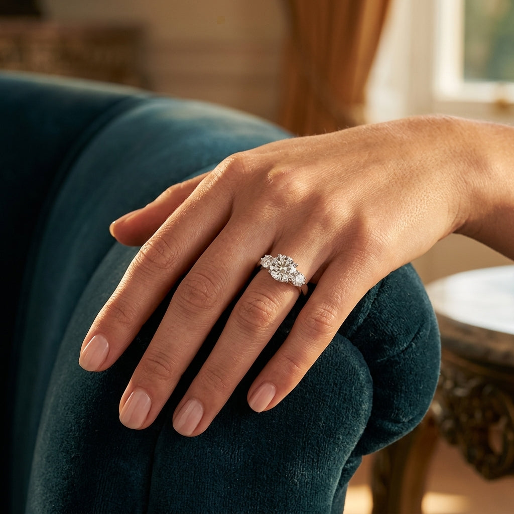 ENGAGEMENT RINGS 3 STONE ROUND - worn lifestyle photo