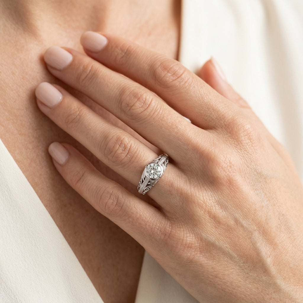 Round Vintage Lab Grown Diamond Engagement Ring - Style 83787 - worn lifestyle photo