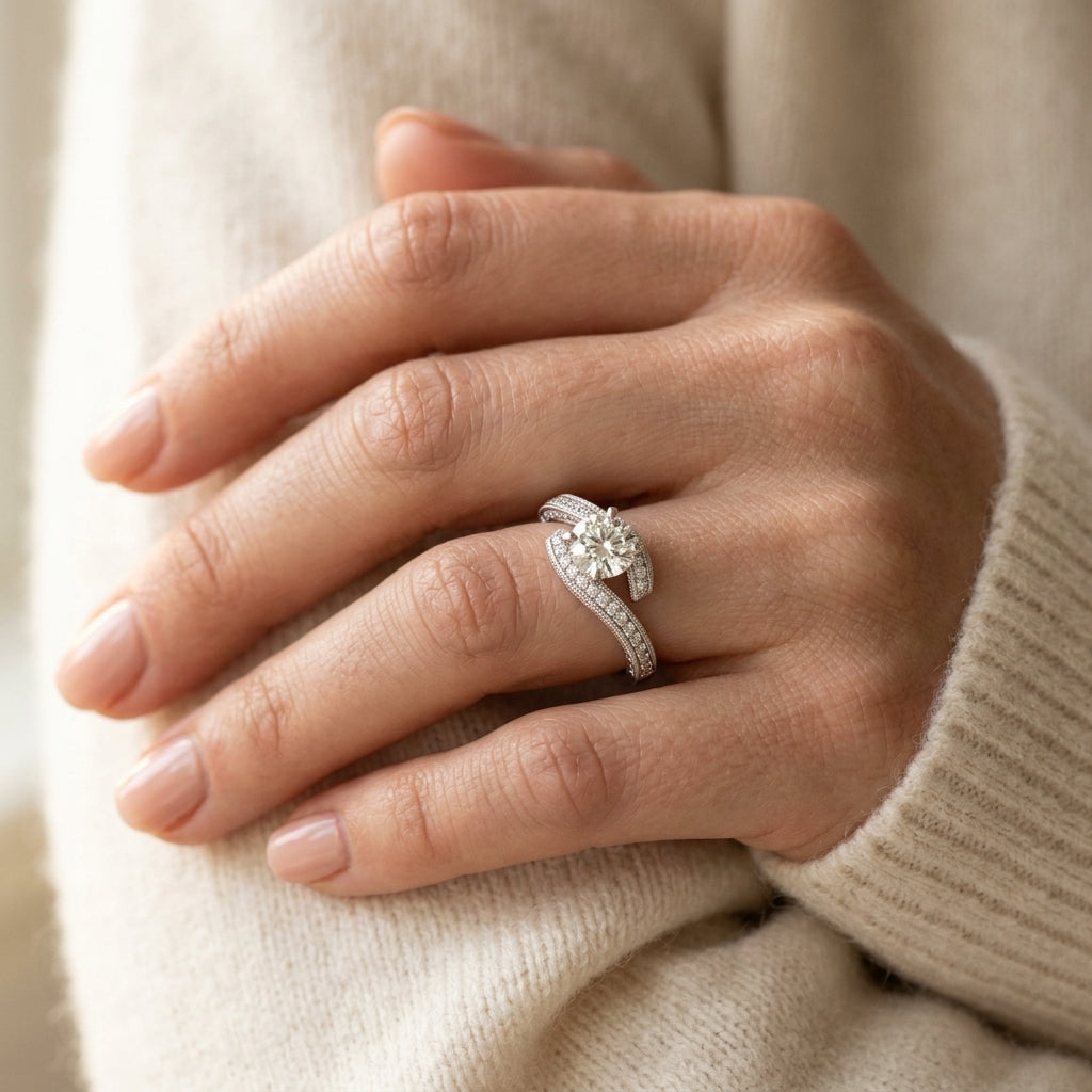 Round Bypass Lab Grown Diamond Engagement Ring - Style 84693 - worn lifestyle photo
