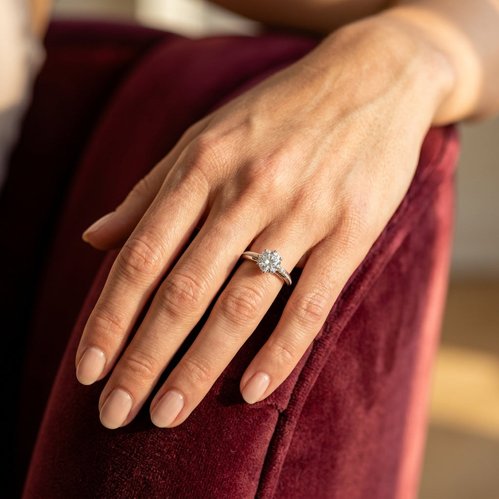Round Lab Grown Diamond Engagement Ring - Style 84887 - worn lifestyle photo