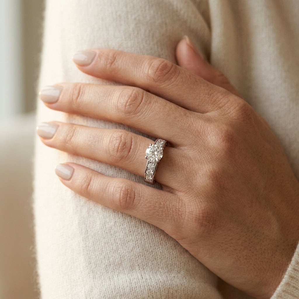 Channel Set Single Row Engagement Ring - worn lifestyle photo