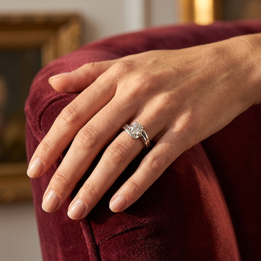 Double Band Swirl Solitaire Engagement Ring - worn lifestyle photo