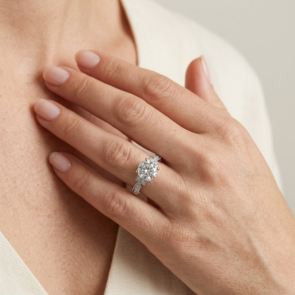 Round Lab Grown Diamond Engagement Ring - Style 50857 - worn lifestyle photo