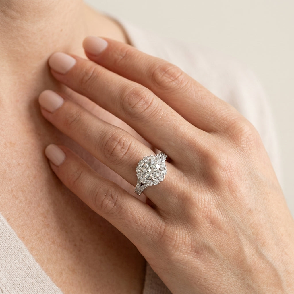 Round Lab Grown Diamond Engagement Ring - Style 50998 - worn lifestyle photo