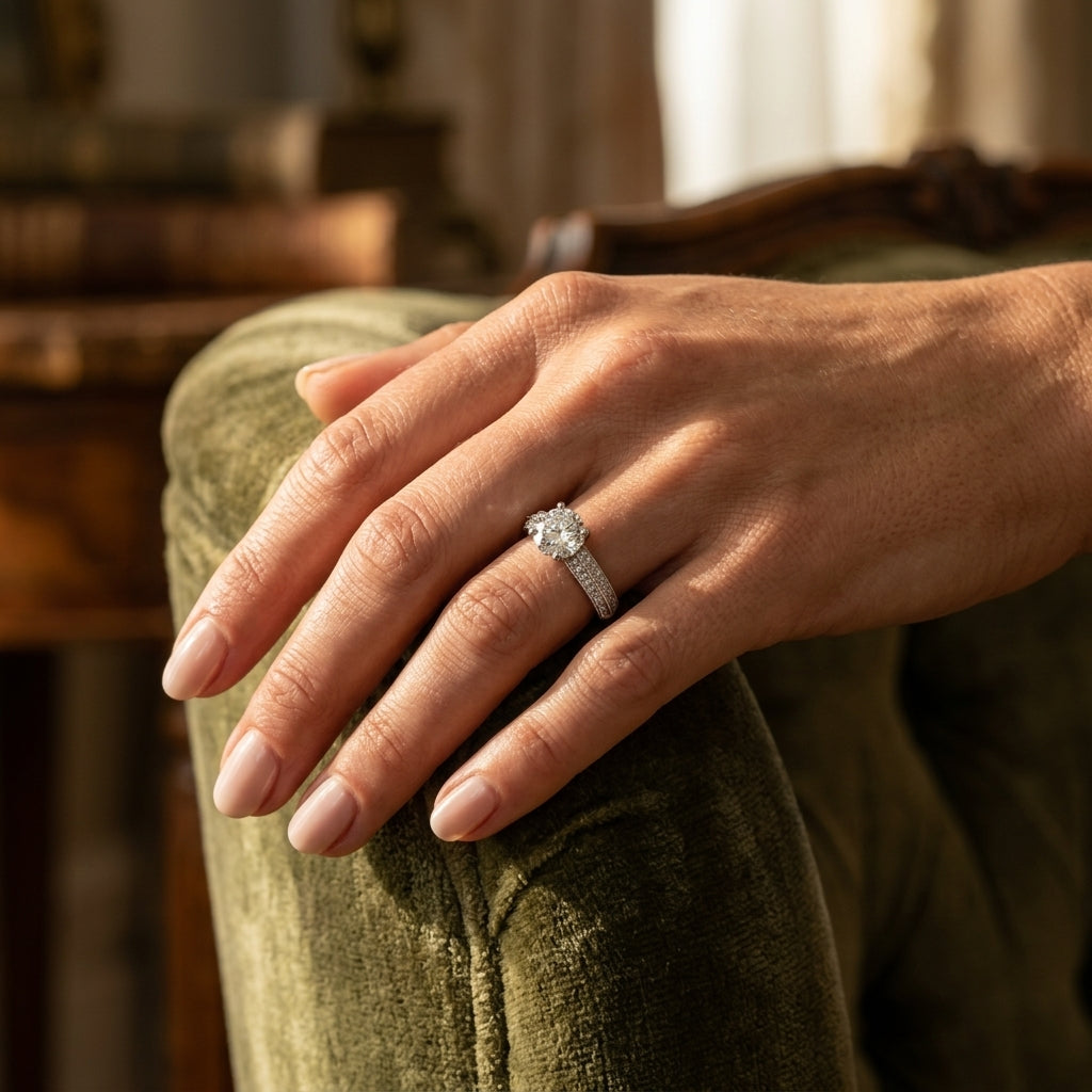 Round Lab Grown Diamond Engagement Ring - Style 51062 - worn lifestyle photo
