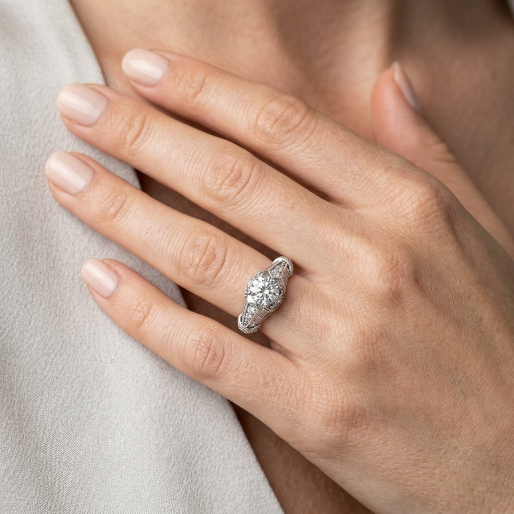 Round Vintage Lab Grown Diamond Engagement Ring - Style 83764 - worn lifestyle photo