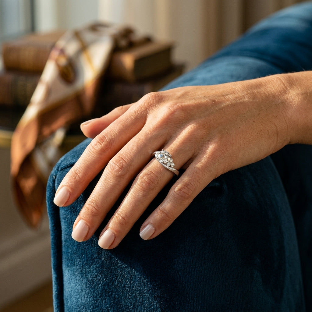 ENGAGEMENT RINGS CLUSTER SIDES - worn lifestyle photo