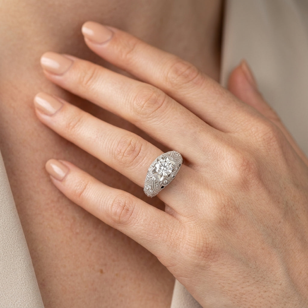 Round Vintage Lab Grown Diamond Engagement Ring - Style 84514 - worn lifestyle photo