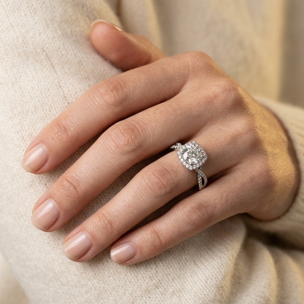 HALO ENGAGEMENT RING - worn lifestyle photo