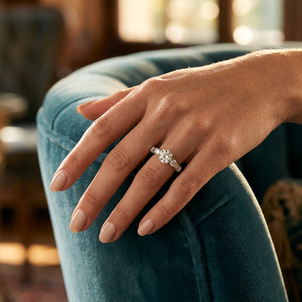 Round Lab Grown Diamond Engagement Ring - Style 84775 - worn lifestyle photo
