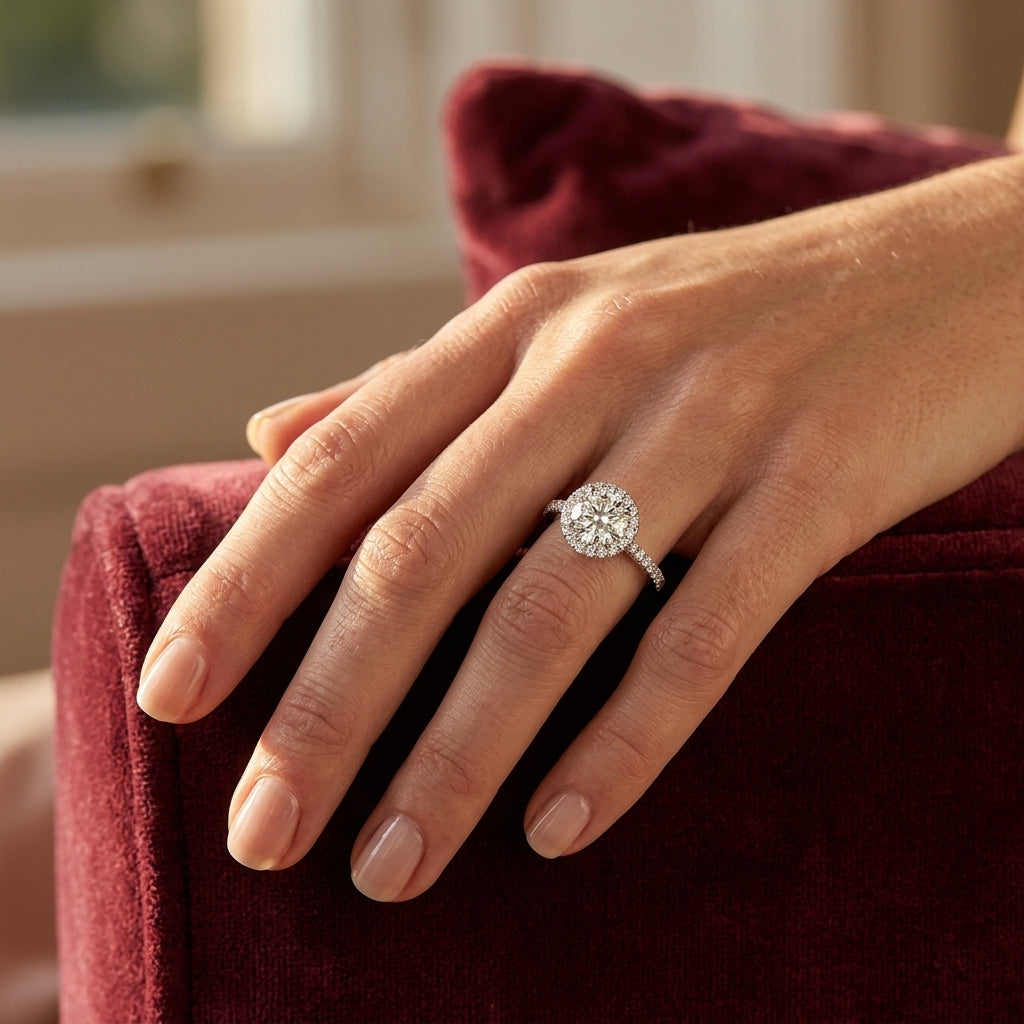 Round Lab Grown Diamond Engagement Ring - Style 84902 - worn lifestyle photo
