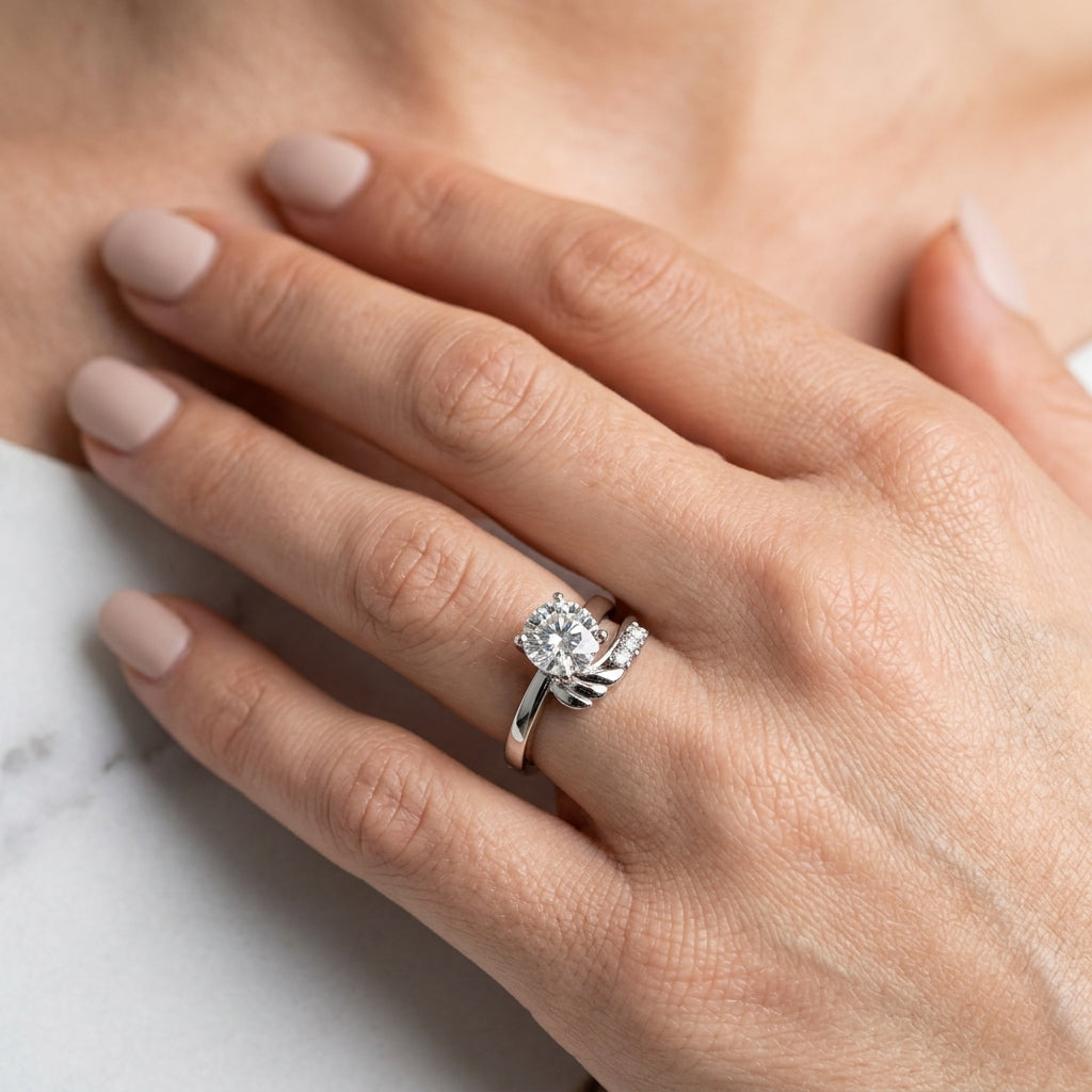 Bypass Peg Head Engagement Ring - worn lifestyle photo