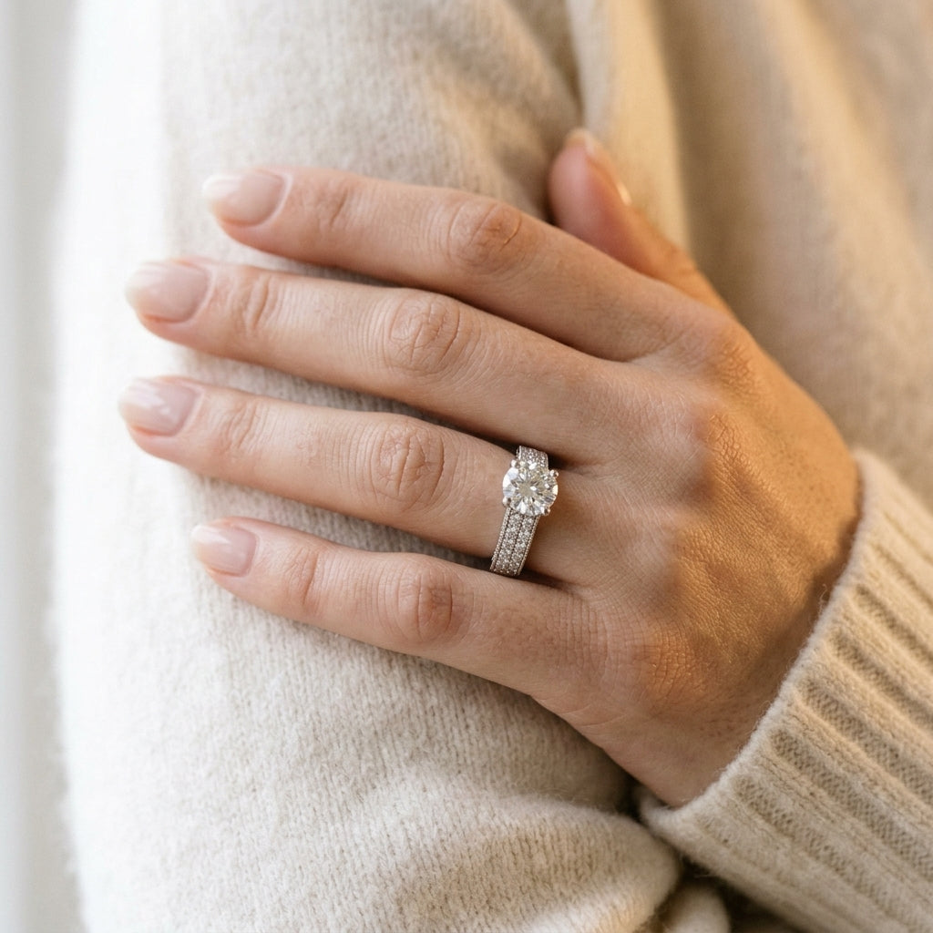 Round Vintage Lab Grown Diamond Engagement Ring - Style 50618 - worn lifestyle photo