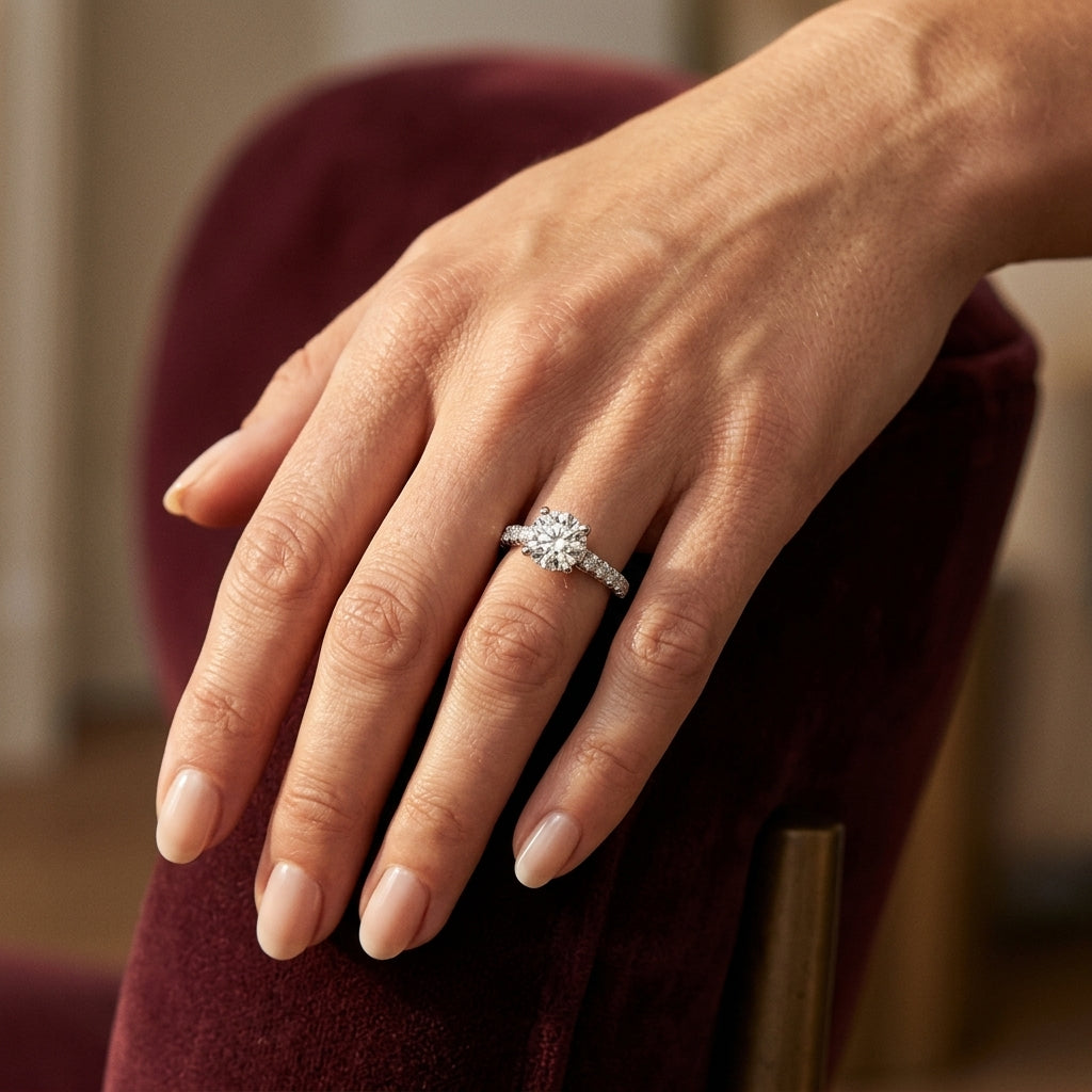 Single Row Prong Set Engagement Ring - worn lifestyle photo