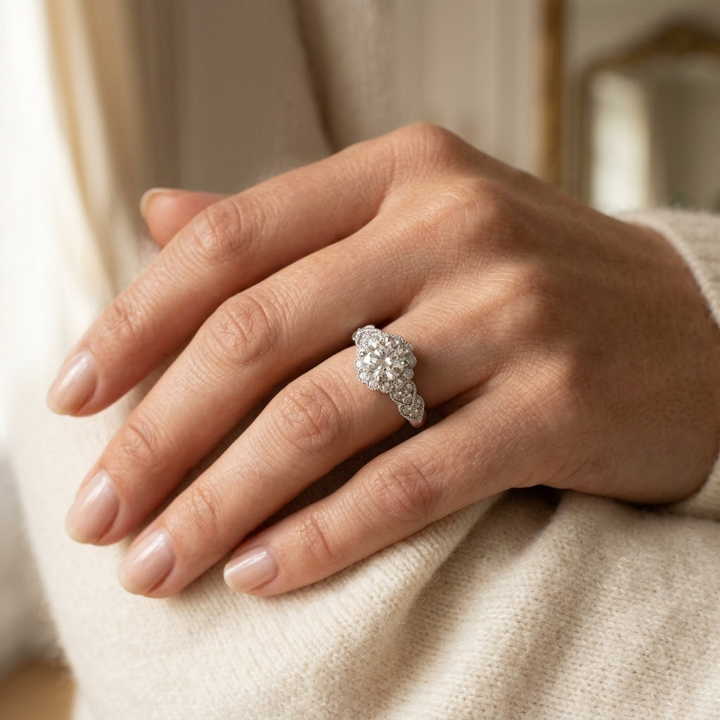 Vintage Milgrain Engagement Ring - worn lifestyle photo