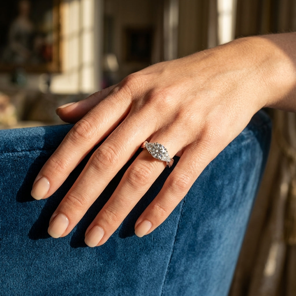 ENGAGEMENT RINGS 3 STONE TRILLION - worn lifestyle photo