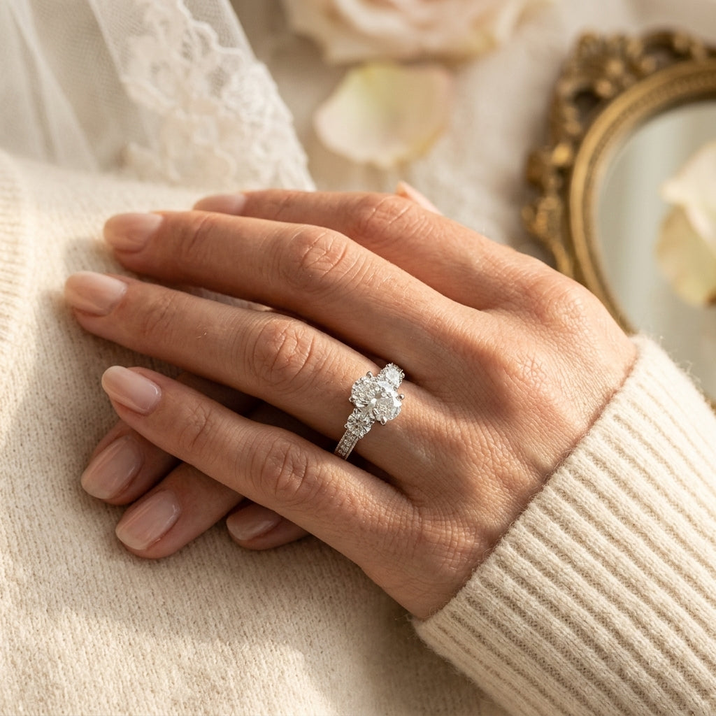 ENGAGEMENT RINGS 3 STONE OVAL - worn lifestyle photo