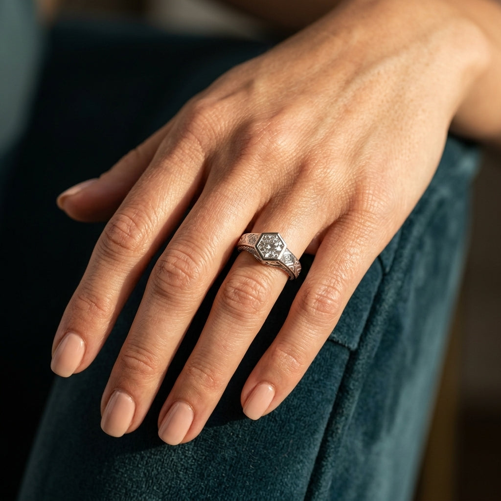 Round Lab Grown Diamond Engagement Ring - Style 82968 - worn lifestyle photo