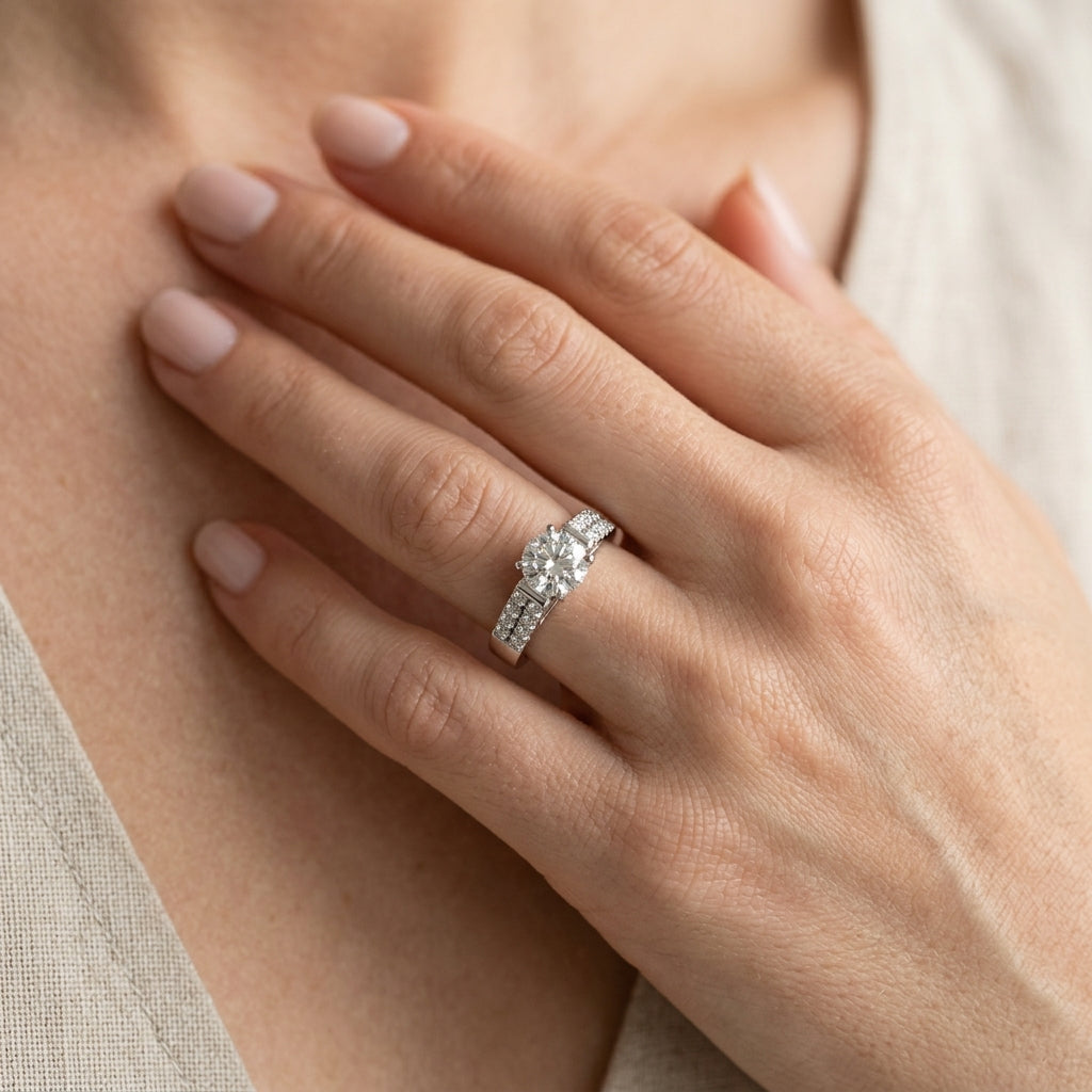 Round Pavé Lab Grown Diamond Engagement Ring - Style 83250 - worn lifestyle photo