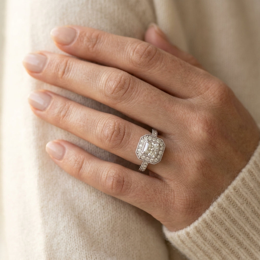 ENGAGEMENT RINGS HALO SQUARE & CUS - worn lifestyle photo