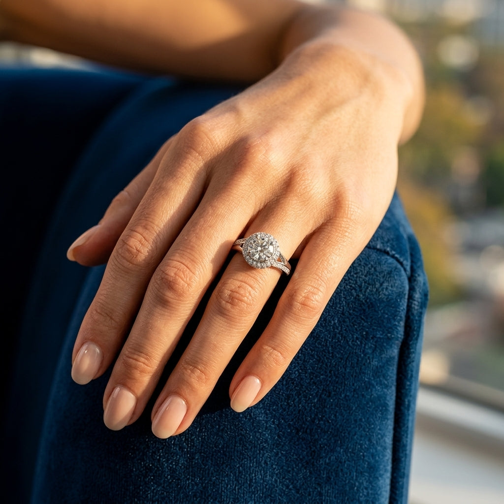ENGAGEMENT RINGS HALO ROUND - worn lifestyle photo