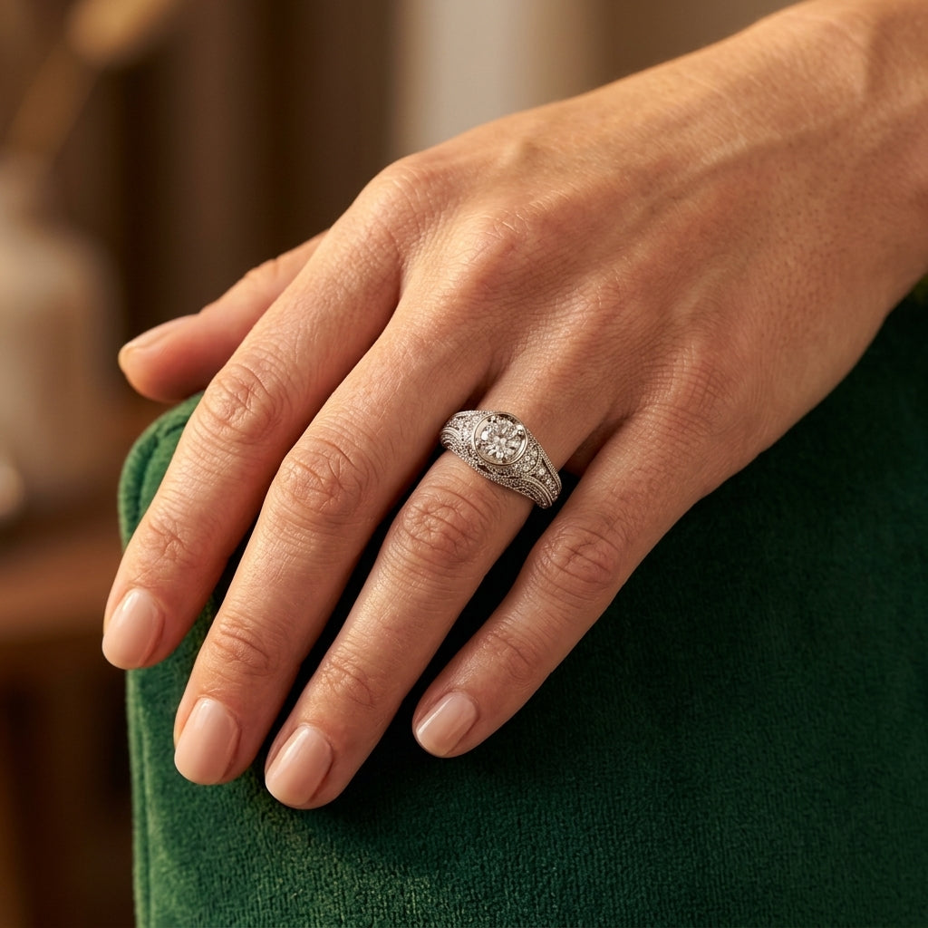 Round Vintage Lab Grown Diamond Engagement Ring - Style 84545 - worn lifestyle photo