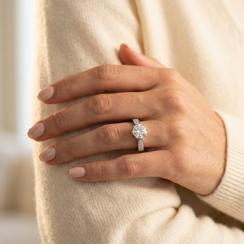 Round Lab Grown Diamond Engagement Ring - Style 84826 - worn lifestyle photo