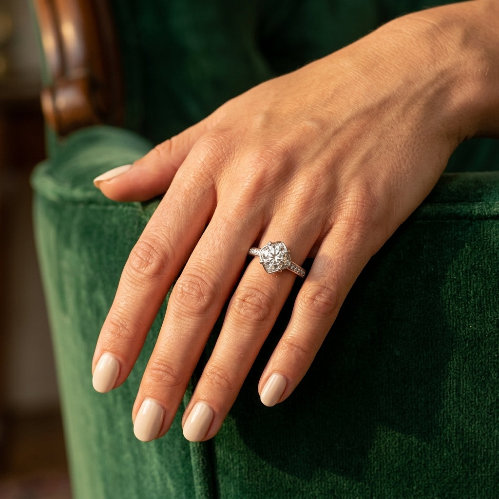 Round Lab Grown Diamond Engagement Ring - Style 84827 - worn lifestyle photo
