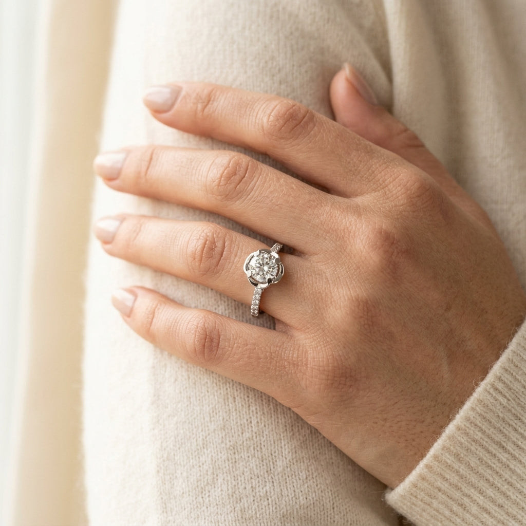 Round Lab Grown Diamond Engagement Ring - Style 84878 - worn lifestyle photo