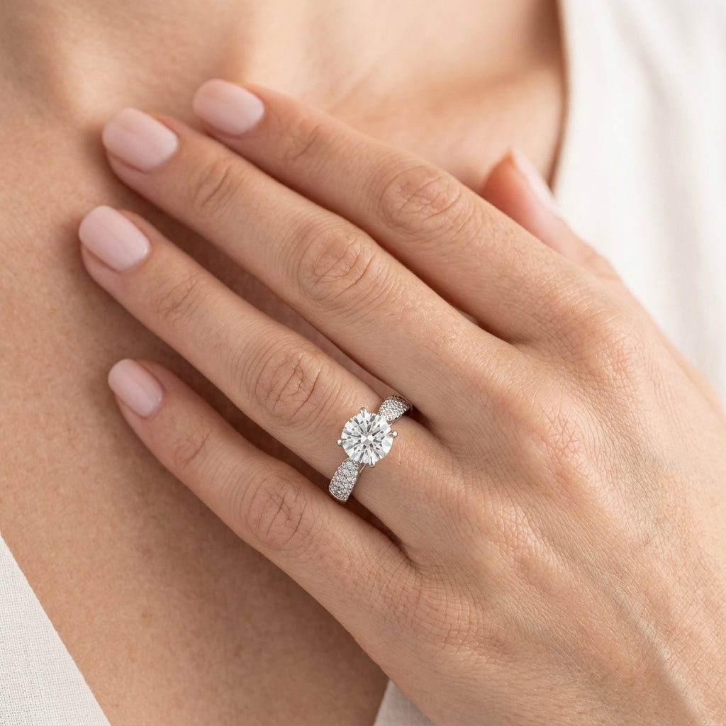 Round Lab Grown Diamond Engagement Ring - Style 84894 - worn lifestyle photo