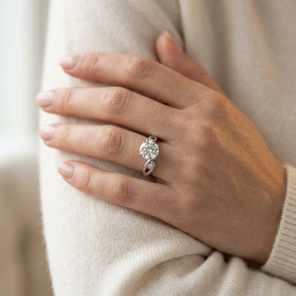 Bypass Peg Head Engagement Ring - worn lifestyle photo