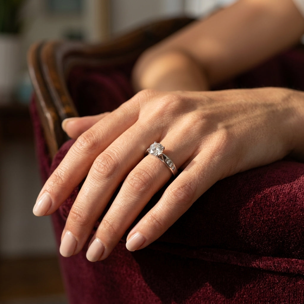 Single Row Channel Set Engagement Ring - worn lifestyle photo