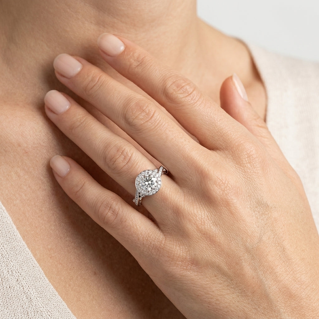 ENGAGEMENT RINGS HALO ROUND - worn lifestyle photo