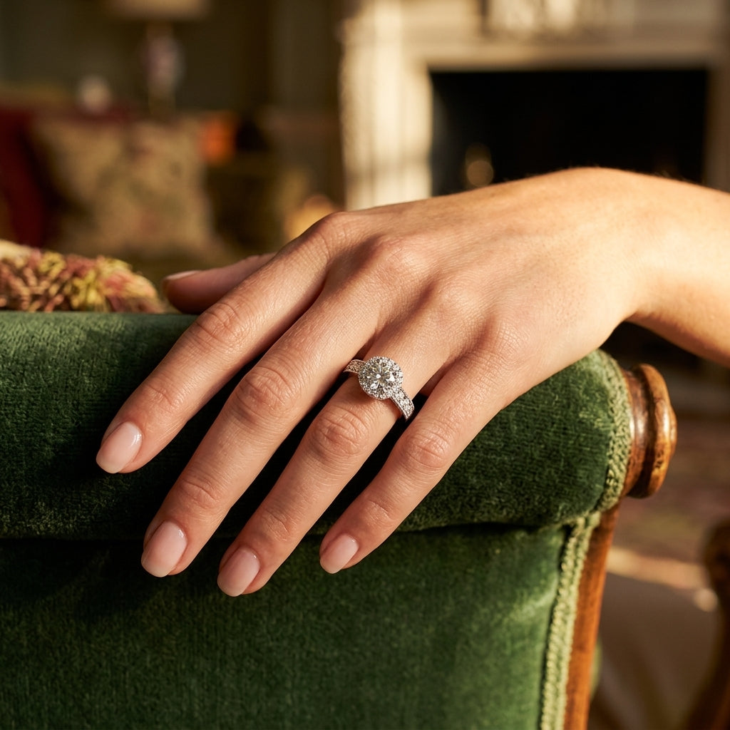 ENGAGEMENT RINGS HALO ROUND - worn lifestyle photo