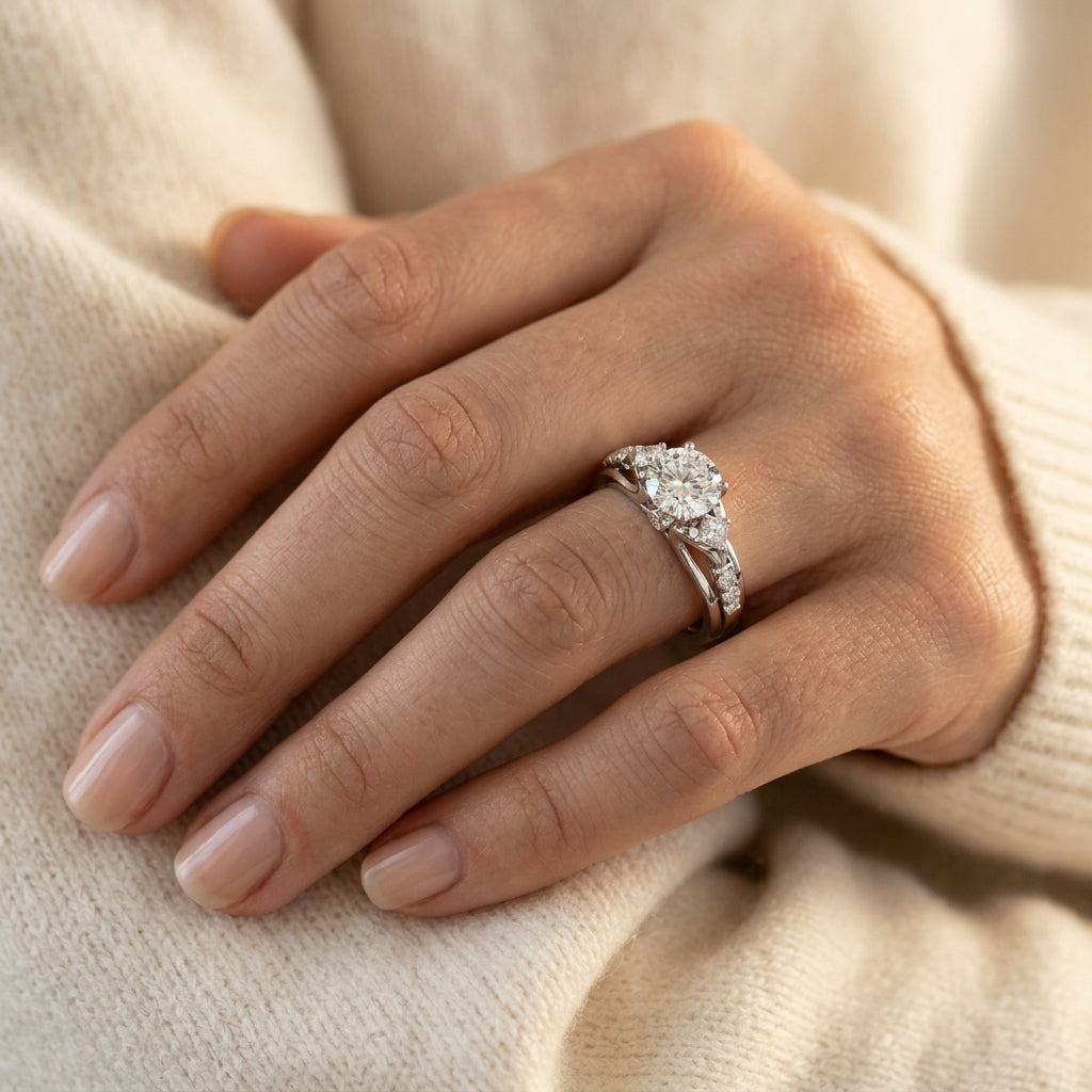 ENGAGEMENT RINGS 3 STONE ROUND - worn lifestyle photo