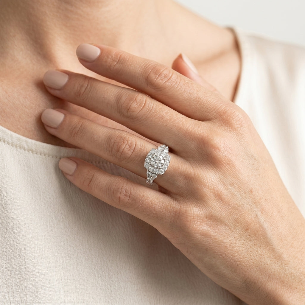 Round Lab Grown Diamond Engagement Ring - Style 50990 - worn lifestyle photo