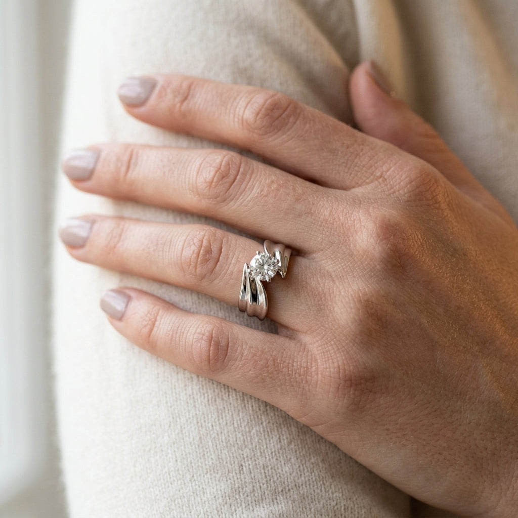 Bypass Solitaire Engagement Ring - worn lifestyle photo