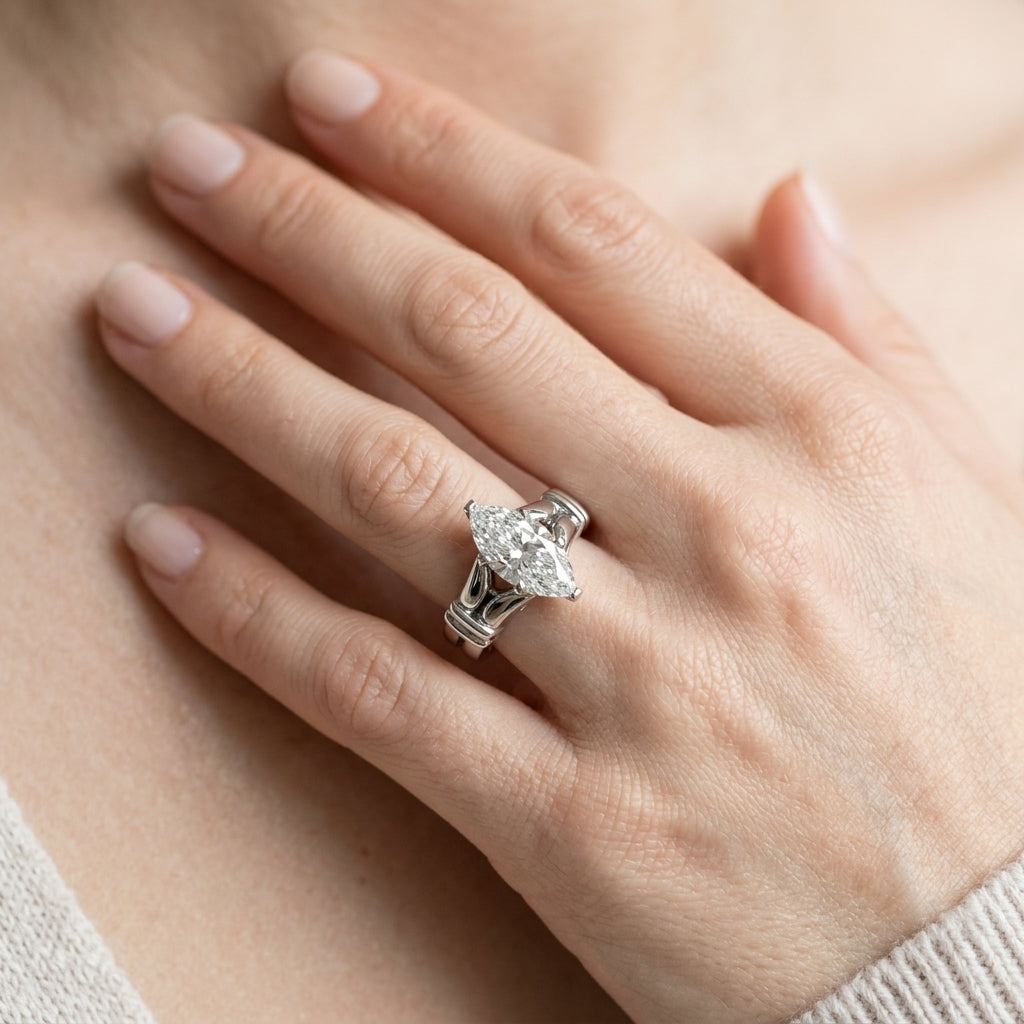 Solitaire Peghead Engagement Ring - worn lifestyle photo
