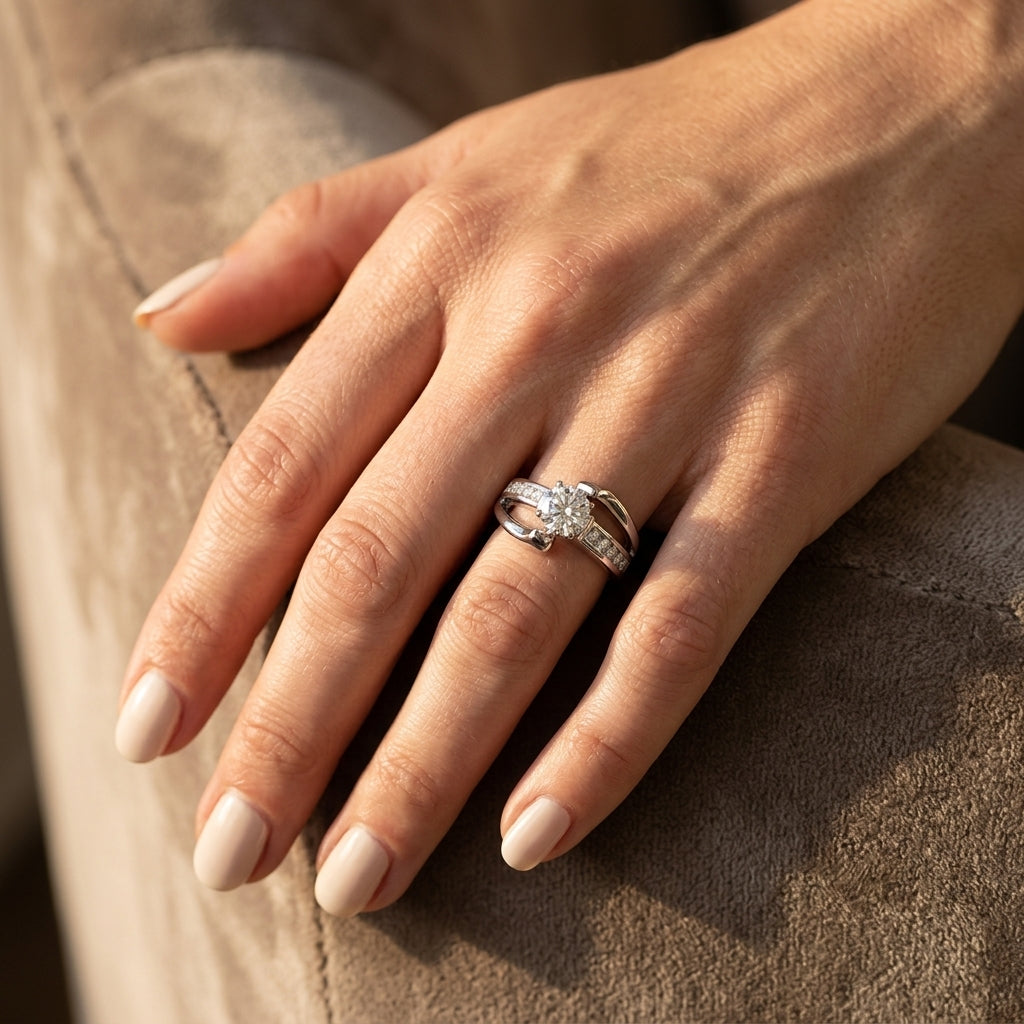 Round Lab Grown Diamond Engagement Ring - Style 81999 - worn lifestyle photo